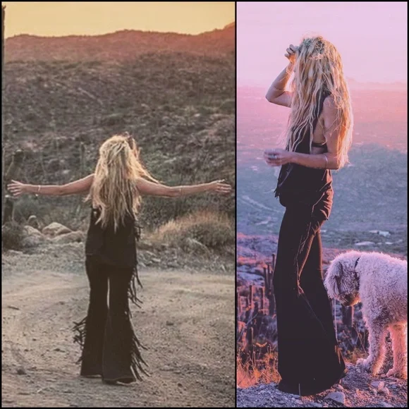 REGULAR LENGTH High Waisted Fringe Bell Bottoms in BLACK SOLID Rocker Festival - Picture 9 of 12